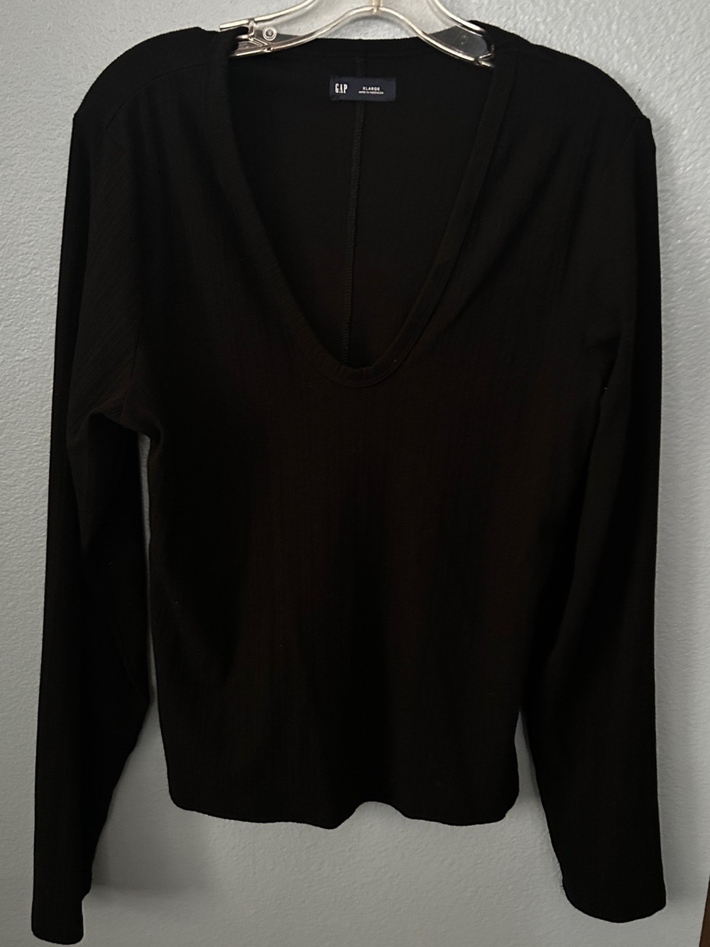 GAP Black Scoop Neck Long Sleeve Textured Jersey Basic Top Size XL
